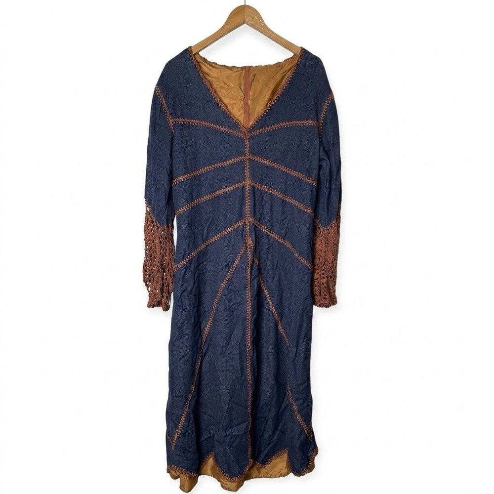 Vtg 70s Denim Maxi Dress Crochet Knit Long Sleeve Contrast Stitch Large